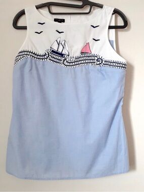 Talbots White & Light Blue Nautical Embroidered Tank Top